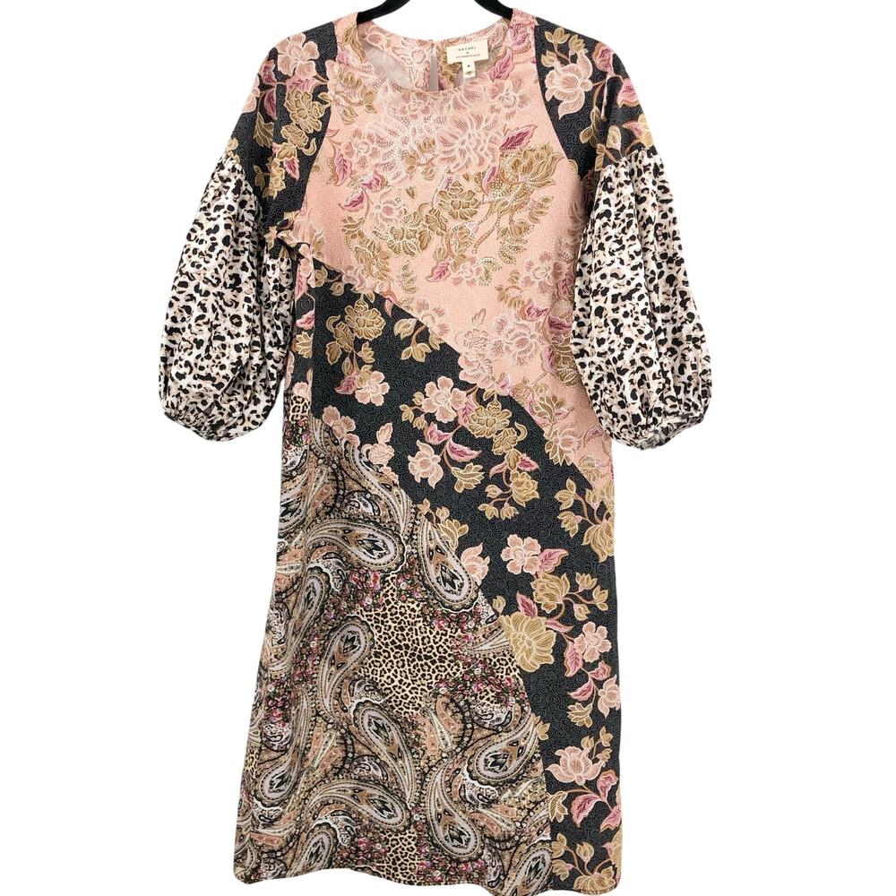 Anthropologie Black and Pink Puff Sleeve Midi Dress